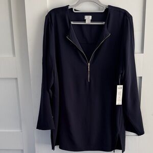 Chico's Navy Zip-Up Blouse. Washable
